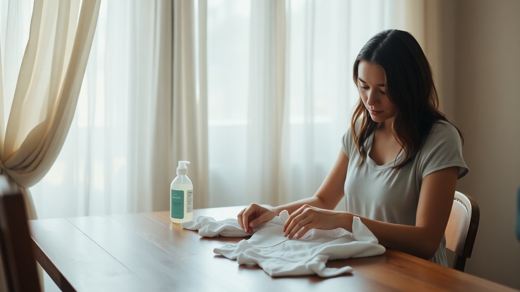 A mother folding baby clothes with lavender-scented detergent