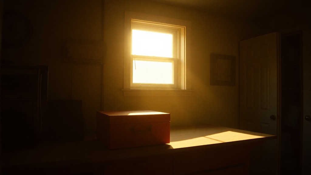 An empty garage with afternoon light and a toolbox slightly open