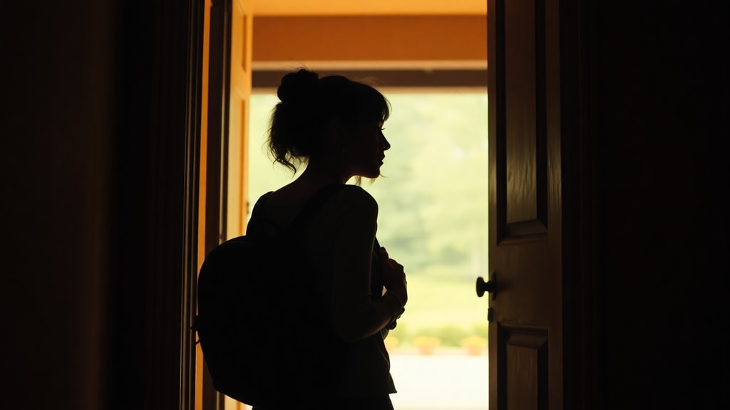 An adult child and parent in doorway with emotional distance