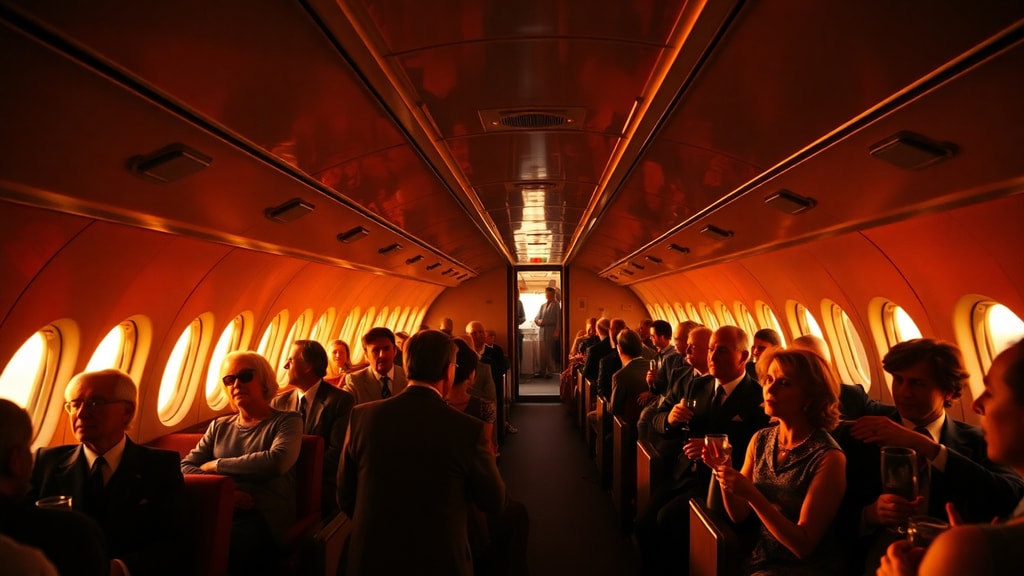 A vintage Boeing 747 upper deck lounge with passengers in 1970s attire