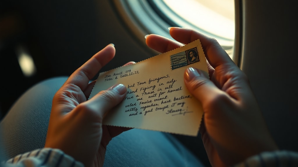 Hands holding a handwritten letter with stamps and faded ink