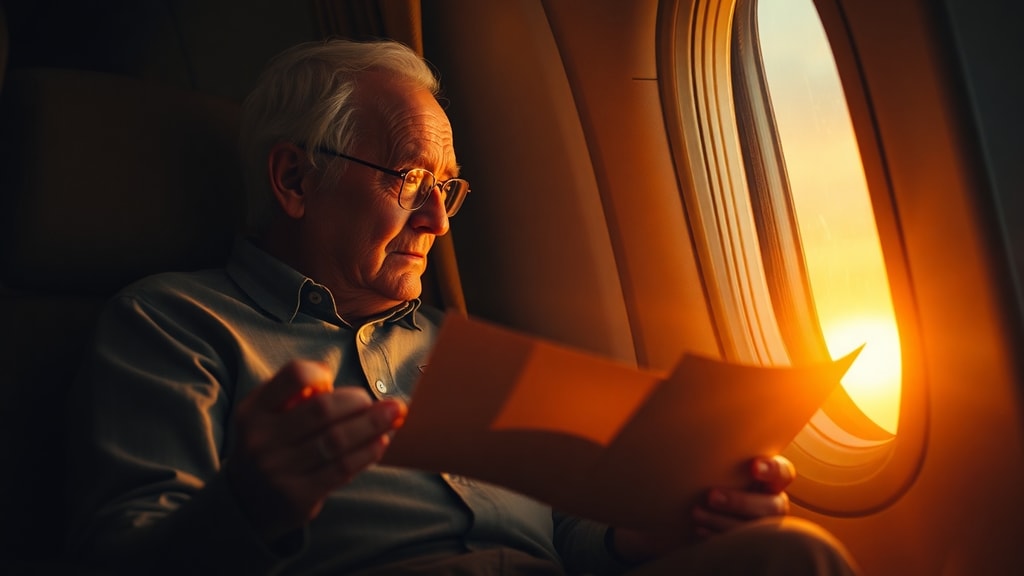 An elderly couple reading letters together by a window at sunset