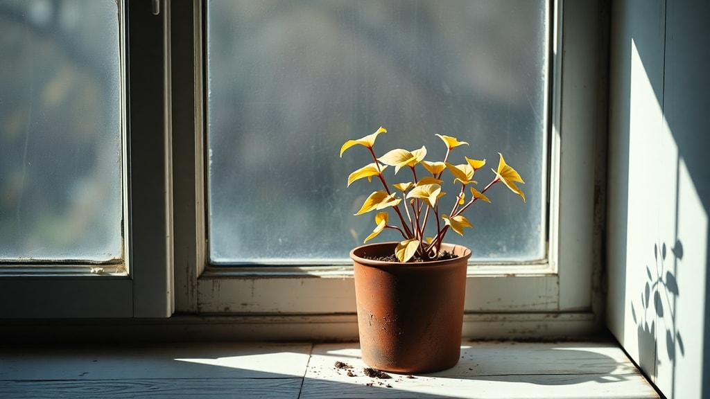 A single yellowing houseplant on a sunlit windowsill with visible soil stains