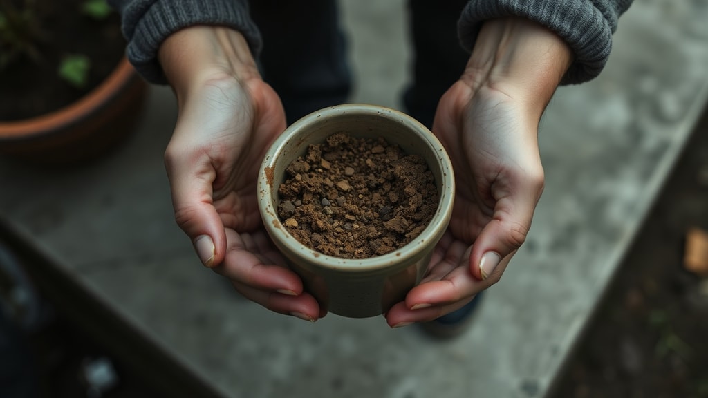 Hands holding a small ceramic pot with dry soil, about to place it outside