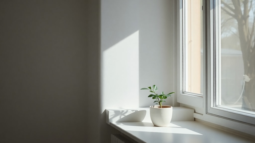 A clean windowsill with morning light streaming through closed glass, a single empty ceramic pot in the corner
