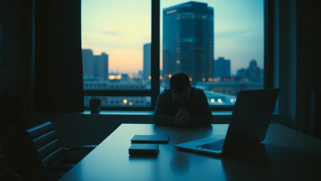 A person sitting alone at a desk in a dimly lit office at dusk, hands resting on a closed laptop
