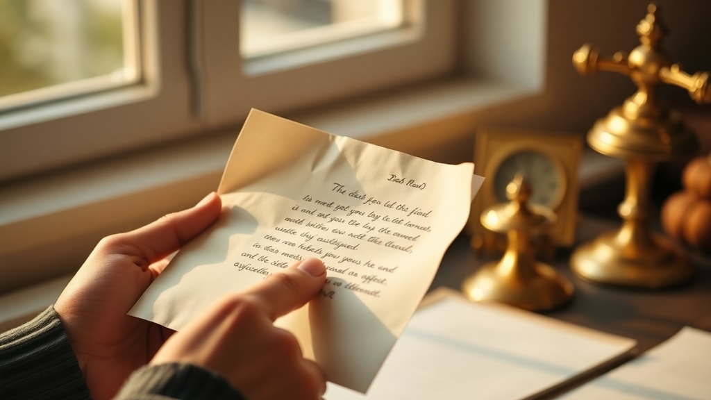 Hands holding a handwritten letter with visible creases, soft window light, vintage desk accessories in background