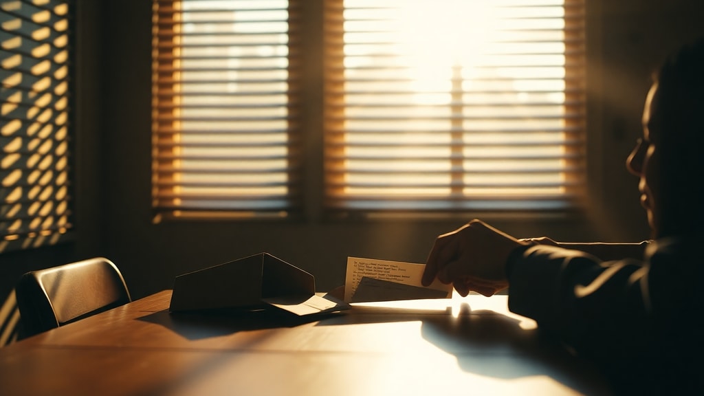 A person opening an envelope at a wooden table, morning light streaming through blinds creating striped shadows