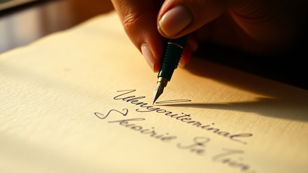 A woman's hand practicing a new signature on aged paper