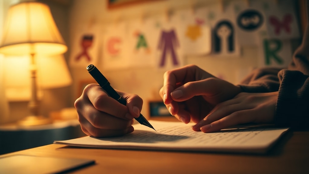 A parent writing a letter by lamplight with children's drawings visible