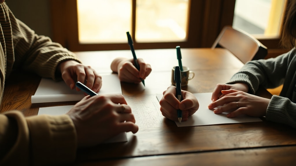 Hands of different generations writing together at a wooden table
