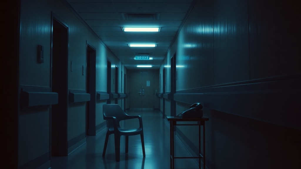 A hospital corridor at night with a single chair and a phone