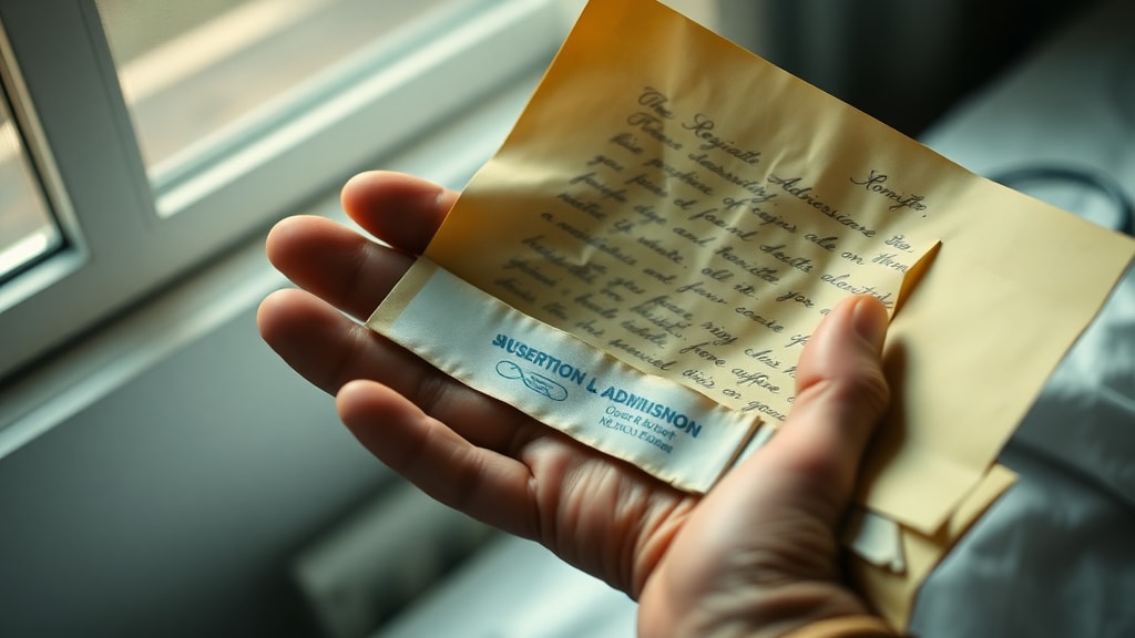 Hands holding a paper hospital bracelet next to a handwritten letter