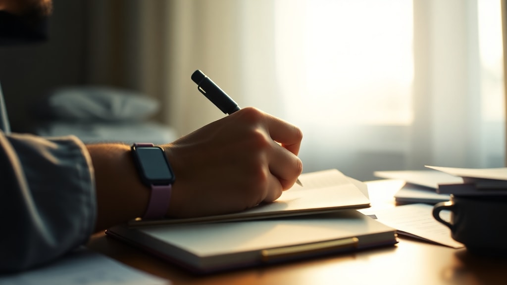 A person writing by window light with medical documents visible but out of focus