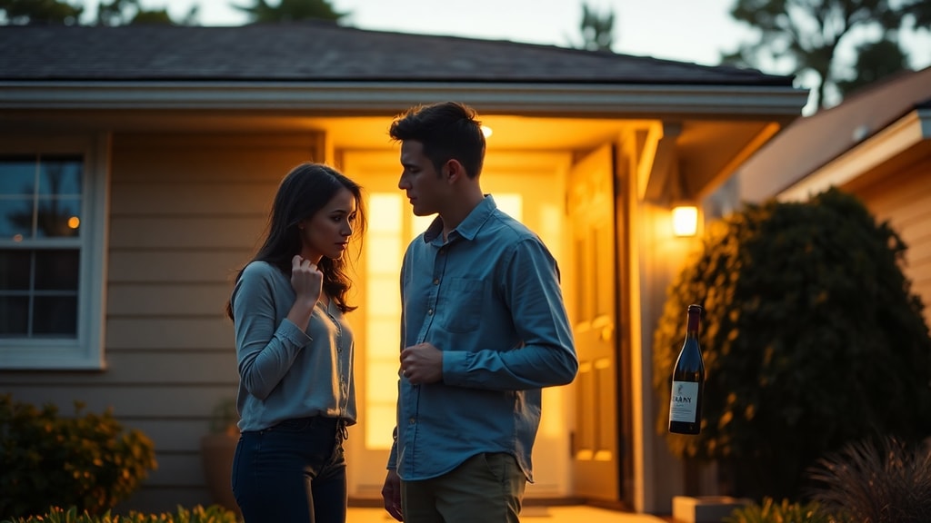 A couple standing nervously at the front door of a modest family home