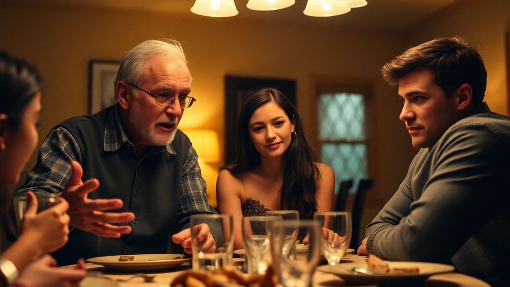 A family dinner table with an older man animatedly telling a story while a young woman looks embarrassed