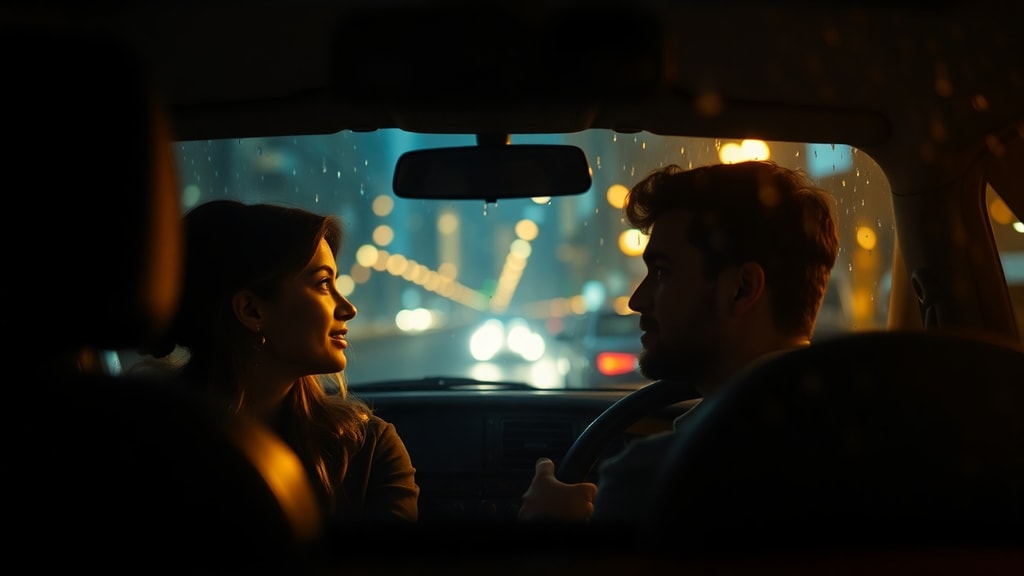 A couple driving in a car at night, city lights blurred through rain-streaked windows