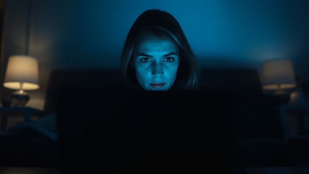 A person staring at a glowing laptop screen in a dark room, their face illuminated by harsh blue light