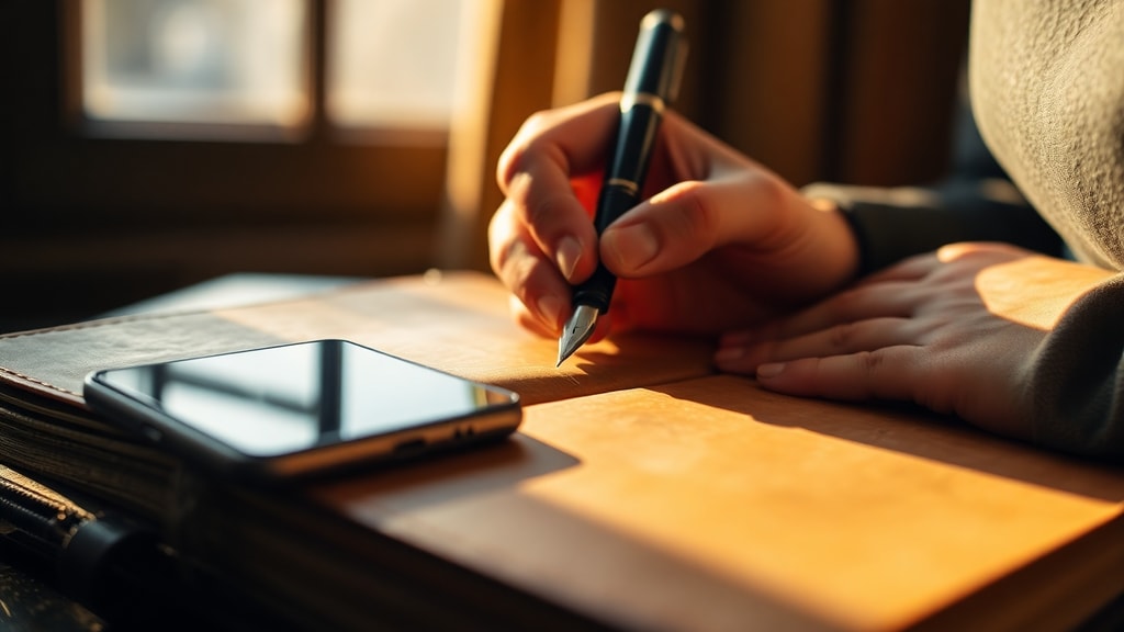 Hands writing in a leather-bound journal beside a smartphone, warm natural light
