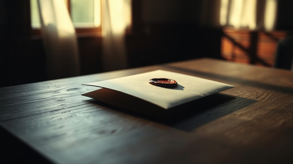A sealed envelope with wax seal resting on aged wooden desk, soft dramatic lighting