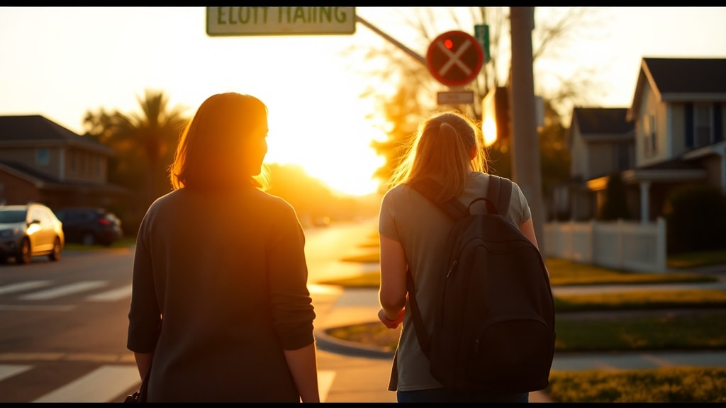 A mother watching her teenage daughter walk away at a crosswalk