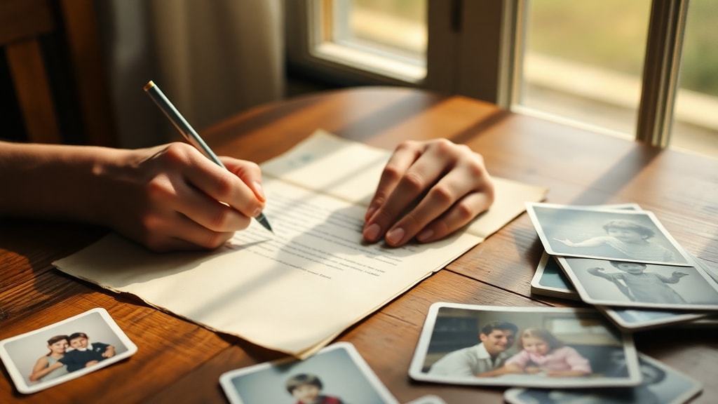 Hands writing a letter by window light with photographs scattered nearby