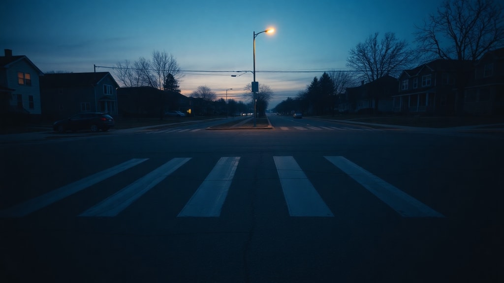 An empty crosswalk at dusk with long shadows stretching across the pavement