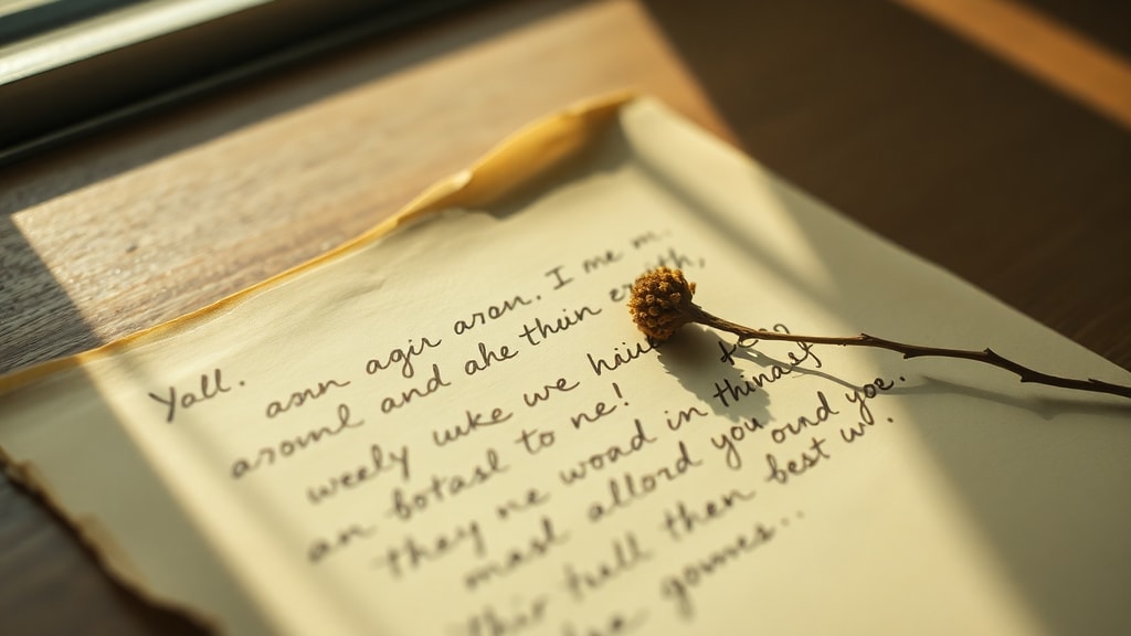 A handwritten letter on aged paper beside a single dried flower