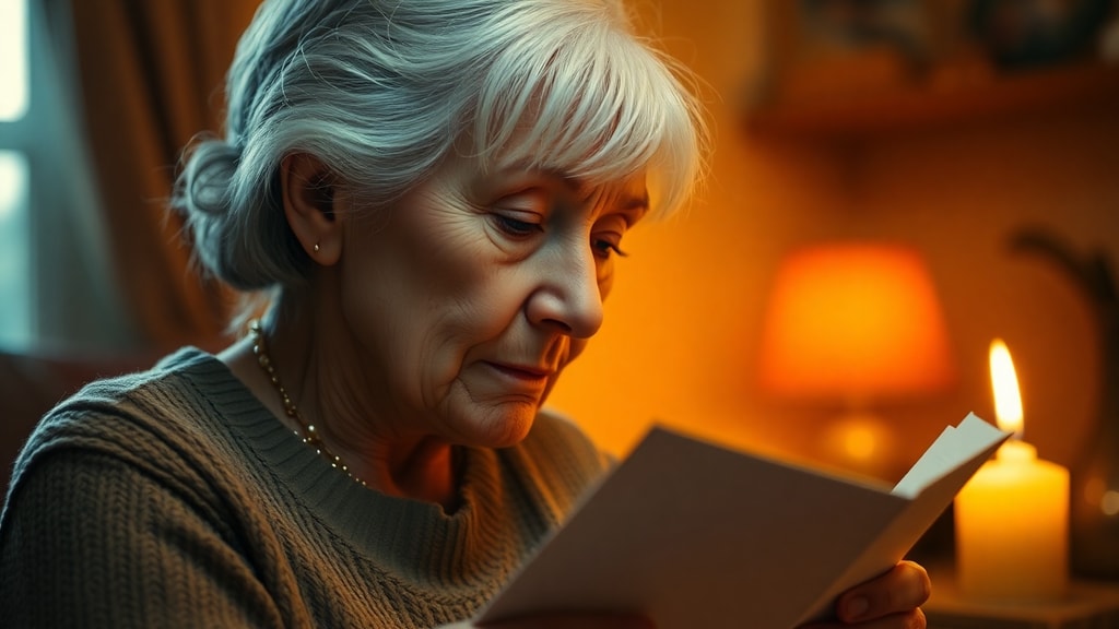 An elderly woman reading a letter by candlelight with tears in her eyes