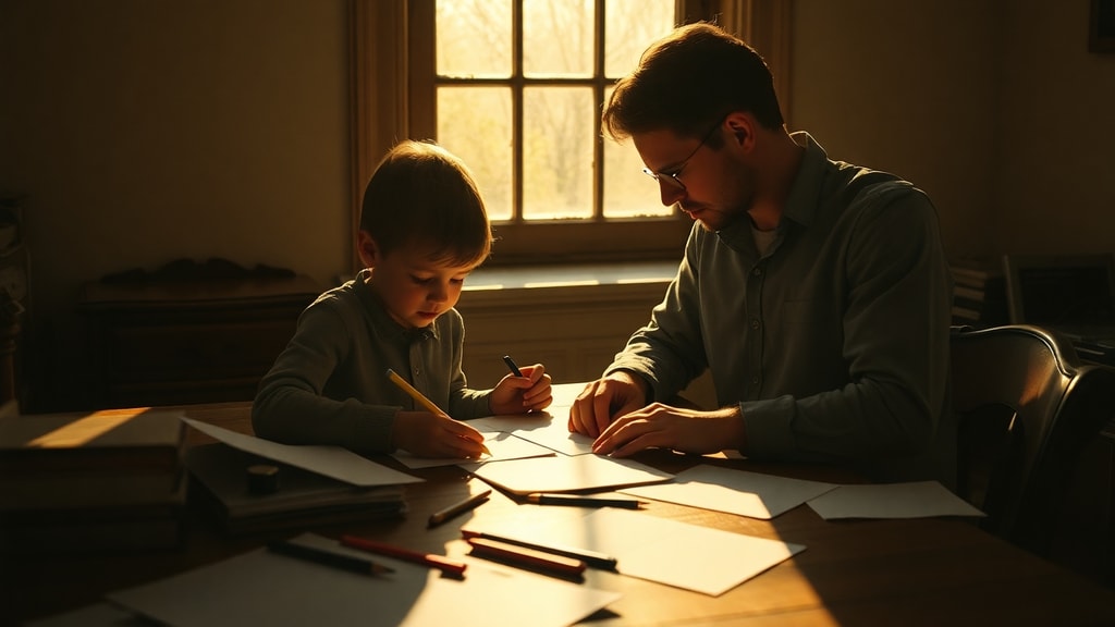 A parent and child writing together at a wooden desk with afternoon light