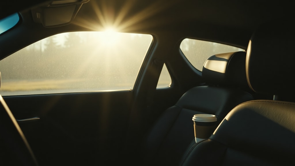 An empty car interior with sunlight streaming through the passenger window