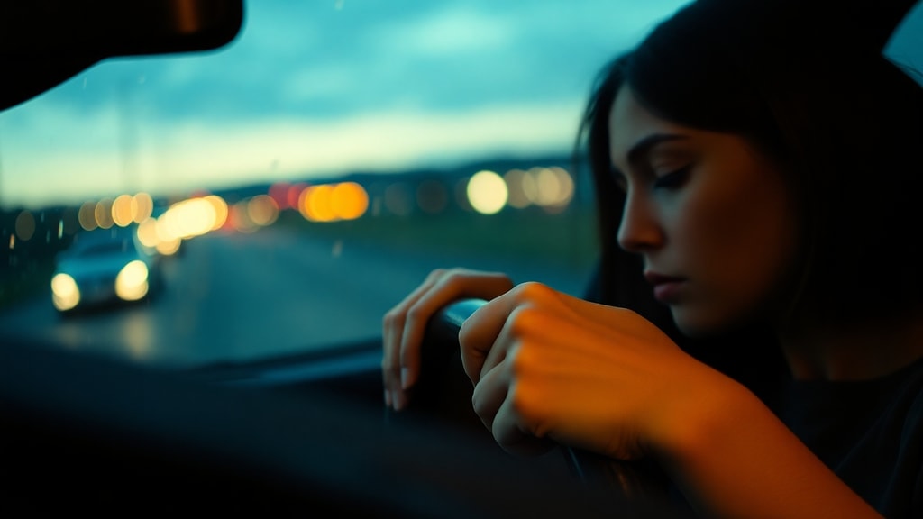 A woman's hands on a steering wheel with city lights blurred through the windshield