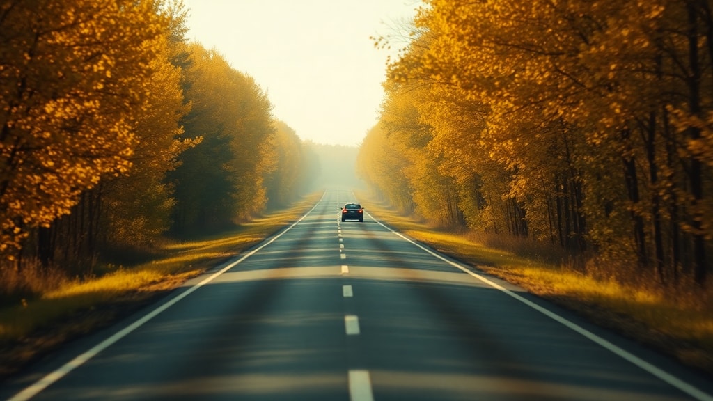 An open road stretching through autumn trees with a single car in the distance
