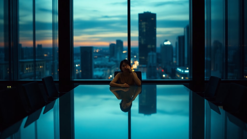 A woman sitting alone in an empty conference room at dusk