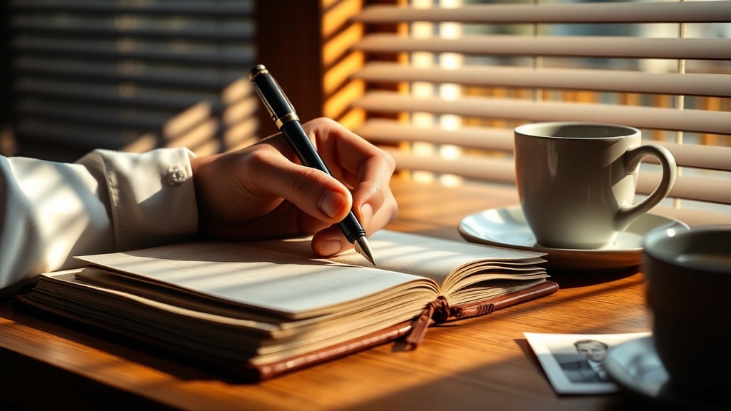 A hand writing in a leather-bound journal on a wooden desk