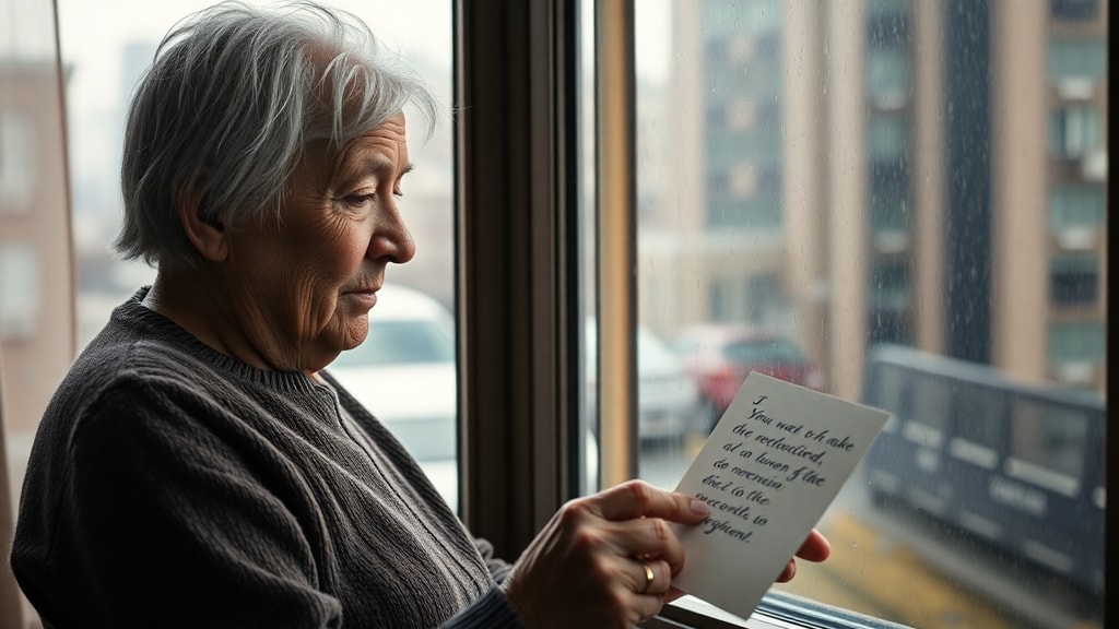 An older person reading a letter by a window with rain outside