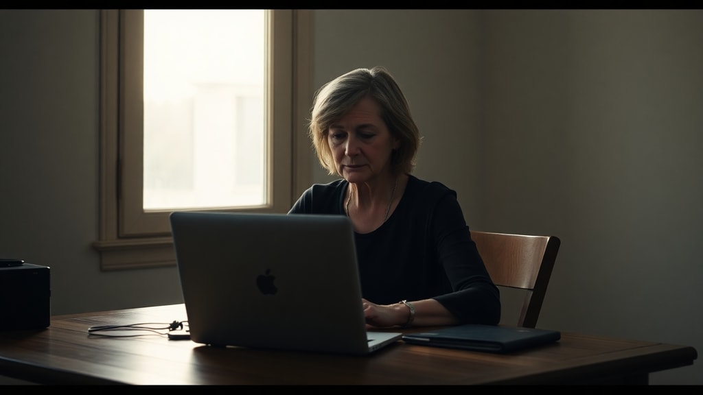 A woman looking at an old laptop screen in soft morning light