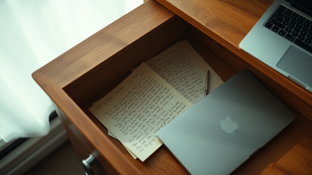 An open desk drawer with old letters and a modern laptop