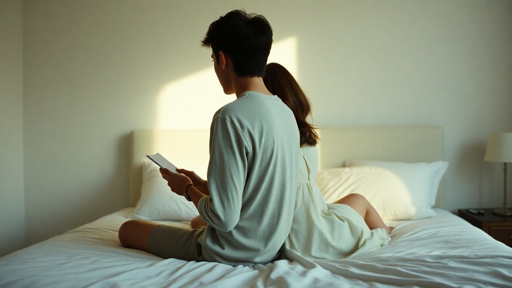 A couple sitting back-to-back on a bed in soft morning light, one holding a letter