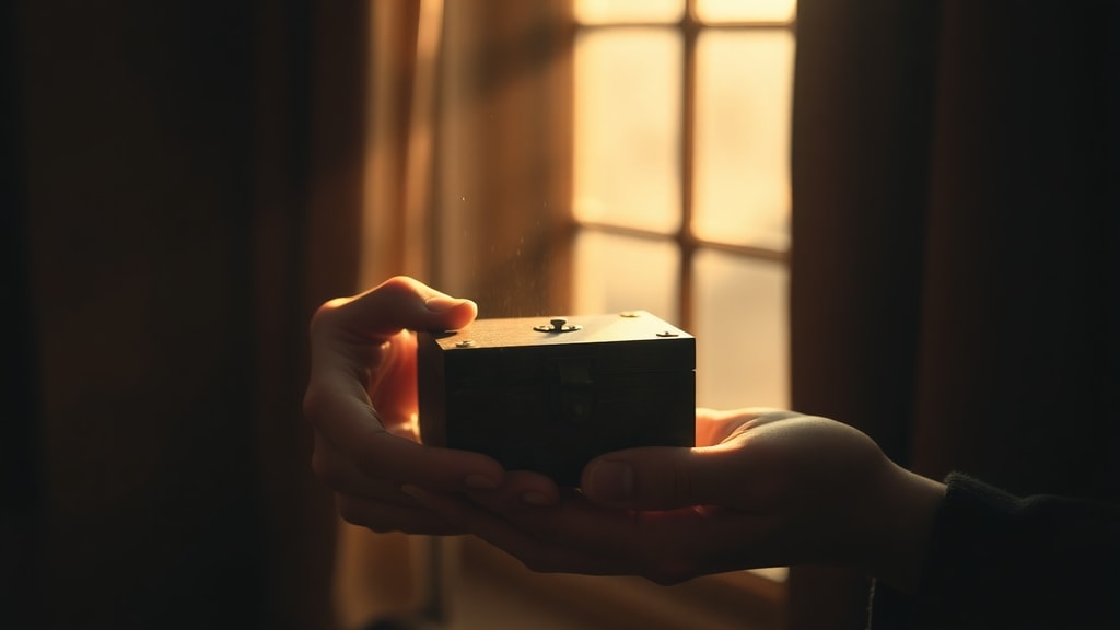 Two hands holding a small locked wooden box in warm golden light