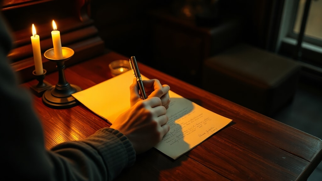 A person writing by candlelight at a wooden desk, sealing a letter with wax