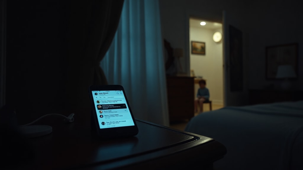 A smartphone glowing on a nightstand in a dark bedroom, a child's bedroom door visible in background
