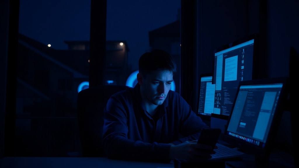 A person staring at multiple glowing screens late at night, their face illuminated by blue light, a window showing dark neighborhood outside