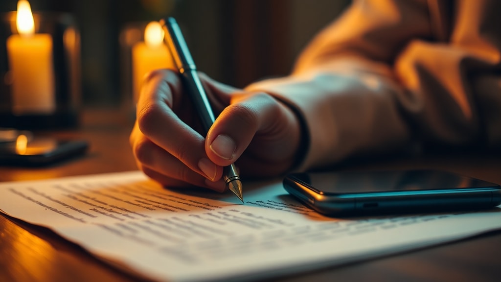 Hands writing a physical letter by candlelight, a closed smartphone visible in soft focus on the desk edge