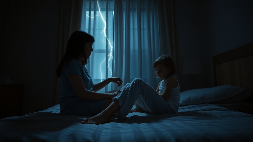 A mother showing her child a scar on her knee during a thunderstorm