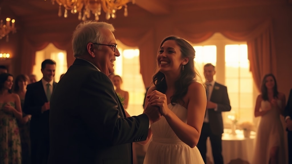 A father and daughter dancing awkwardly at a wedding reception