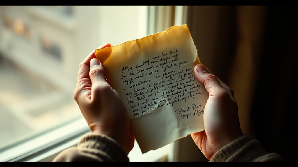 Hands holding an unsealed letter with handwritten text visible