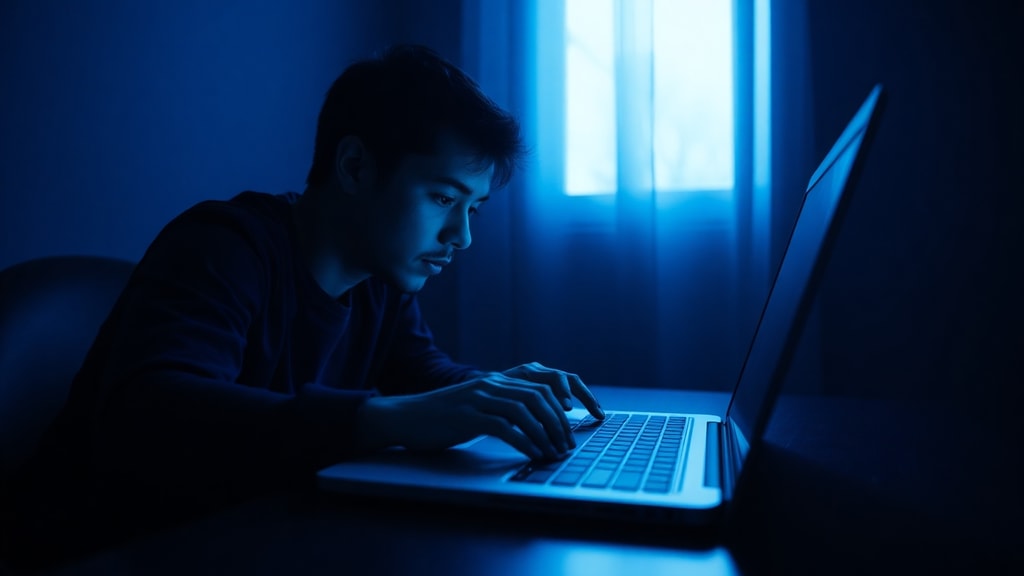 A person typing on a laptop in a dark room with soft blue light