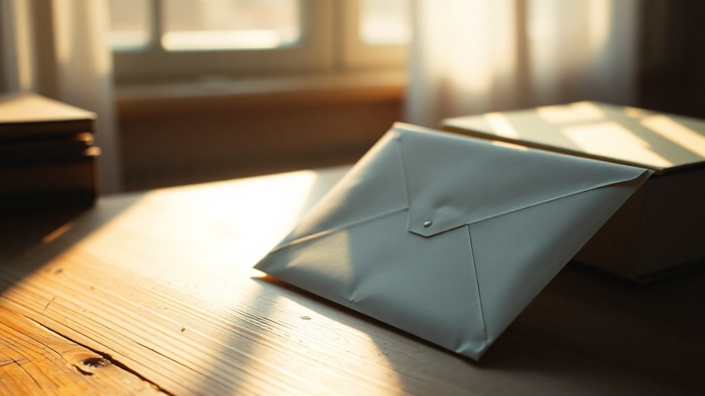 A sealed envelope on a wooden desk with morning light