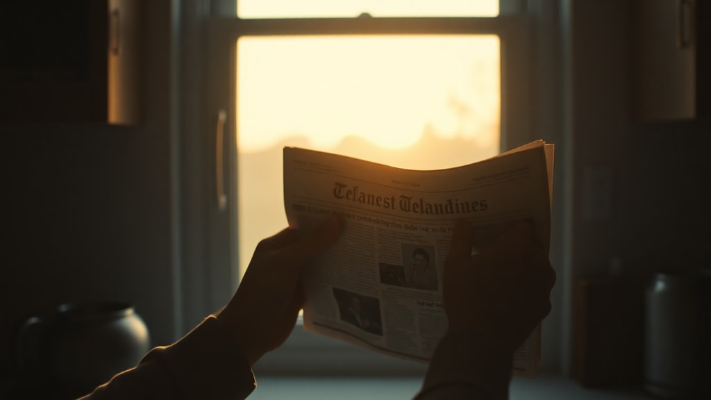 A person holding a folded newspaper at dawn light